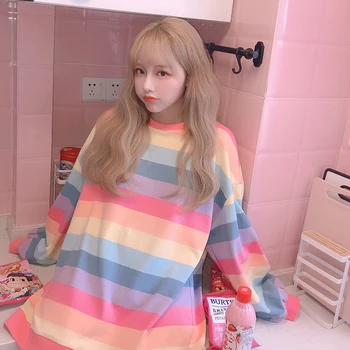 

Kawaii Women Spring Rainbow Colorful Striped Long Sleeve Crew Neck T Shirt Oversized Block Sweatshirt Harajuku Tops Plus Size
