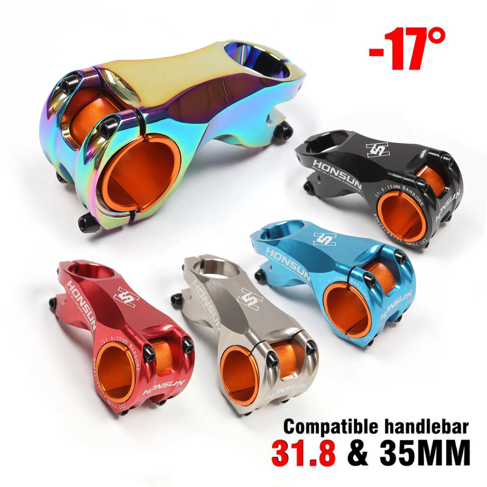 Rainbow Color Bicycle Handle Stem 35mm 31.8mm Aluminium Front 28.6mm MTB Mountain Road Bicycle Bicycle Stem AM/XC -17degrees 