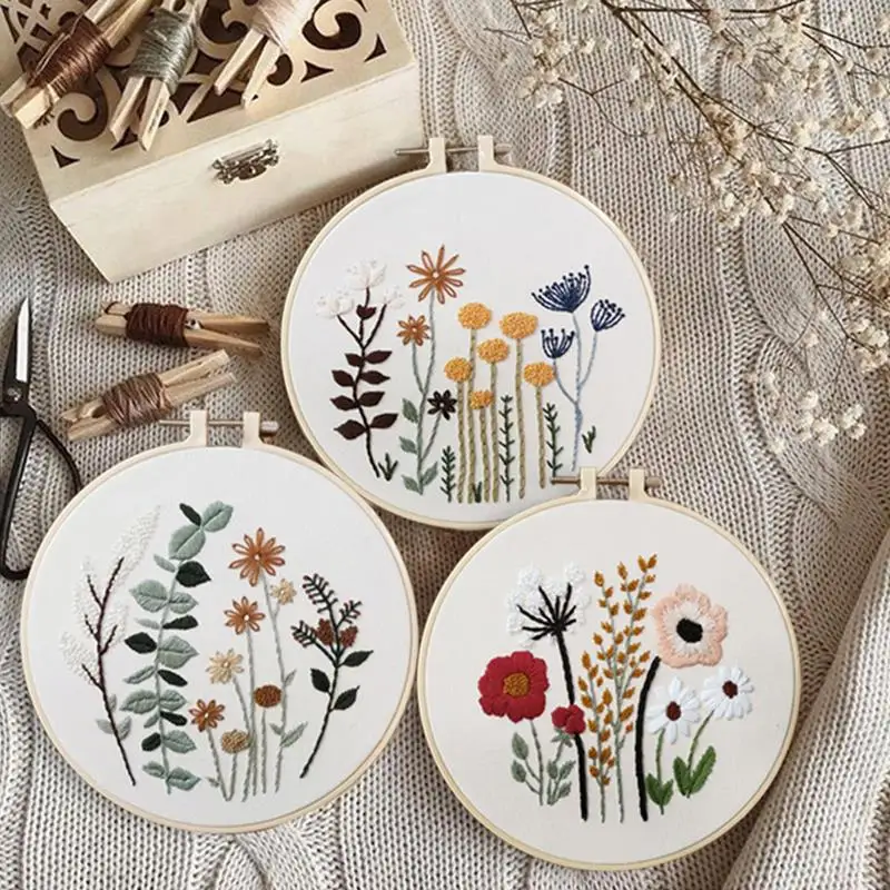 DIY Stamped Embroidery Kit European Style Flowers Plants pattern with  Embroidery Hoop Floss Threads Needles for Beginners