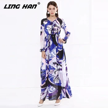 

LINGHAN Elegant Print Maxi Dresses Fashion Elastic waistO-Neck Long sleeve Big pendulum party Long Dresses Designer Autumn New