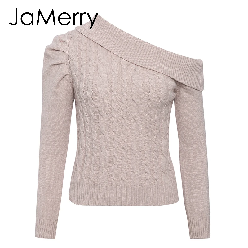 Nude-Pink JaMerry, сексуальный ассиметричный вязаный свитер, Женский ассиметричный пуловер с пышными плечами, женский джемпер, Женский однотонный зимний свитер - Цвет: Nude-Pink