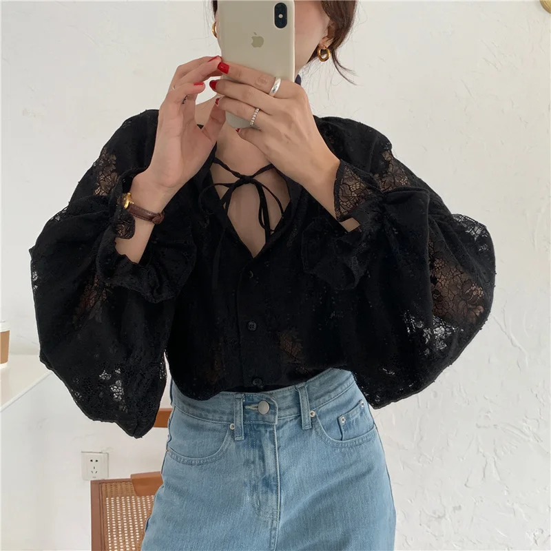 2021 Spring Women Shirts Fashion Carved Lantern Long Sleeve Autumn Black Lace Shirt Tops Loose Blouse Cardigan Clothes 10202 2