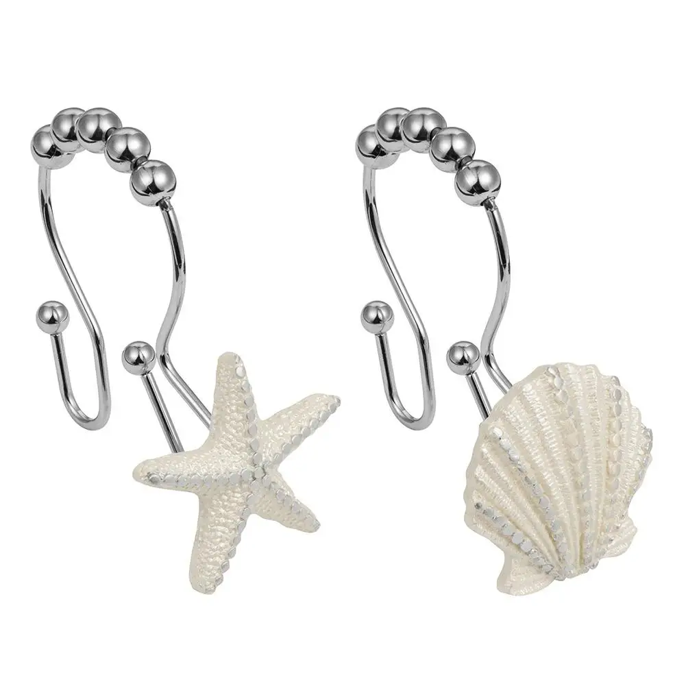 12PCS Stainless Steel Shower Curtain Double Hook White Starfish Shell Shape Mixed Resin Double Hook For Bathroom Curtain
