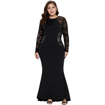 

5XL Plus Size Long Party Dress Women 2019 Fashion Long Sleeve Lace Patchwork Mermaid Dress Slim Bodycon Maxi Gown Dresses