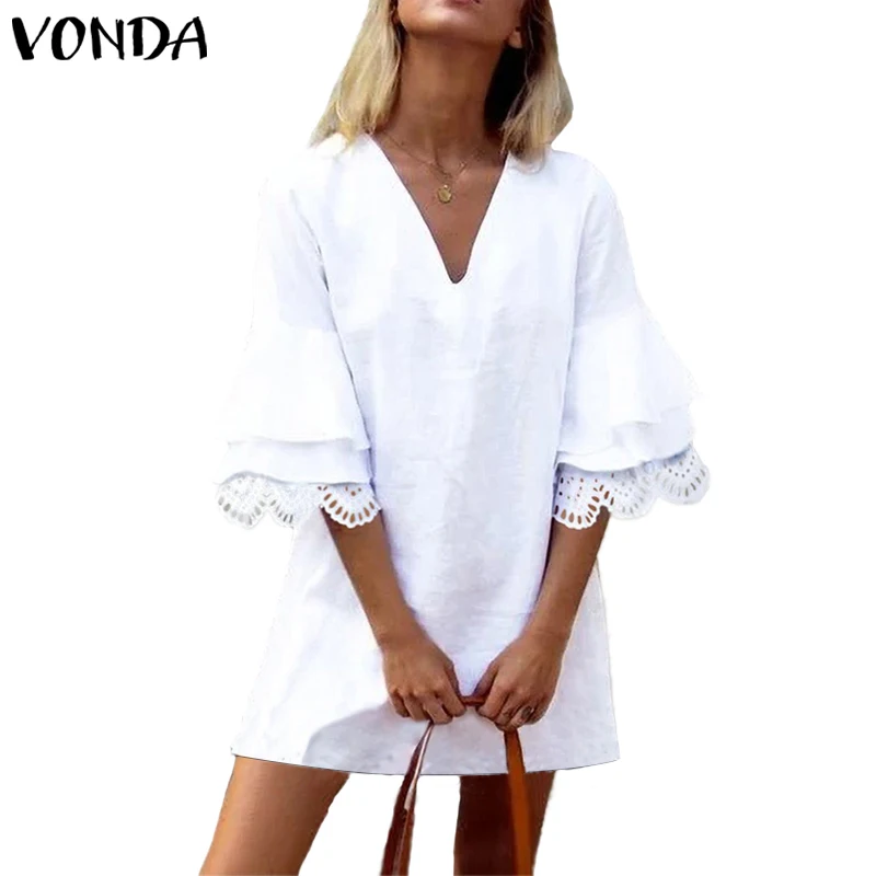 Бежевый VONDA модное женское сексуальное мини-платье, женское хлопковое платье с v-образным вырезом, мини-платья с рукавами, летнее модное милое новое поступление - Цвет: Бежевый