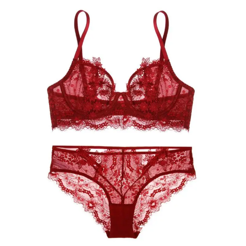 Красивое кружевное нижнее белье с красивой спинкой, Женский комплект с бюстгальтером, ультратонкий прозрачный комфортный и дышащий бюстгальтер, сексуальный - Цвет: Красный