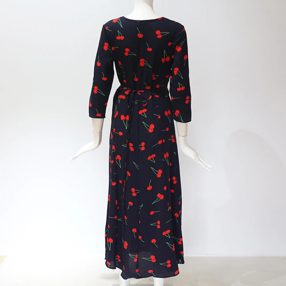 YMING Boho женское Макси платье Auntum вечерние длинные платья элегантные Vestidos Сплит Вишневое пляжное платье с v-образным вырезом черные платья