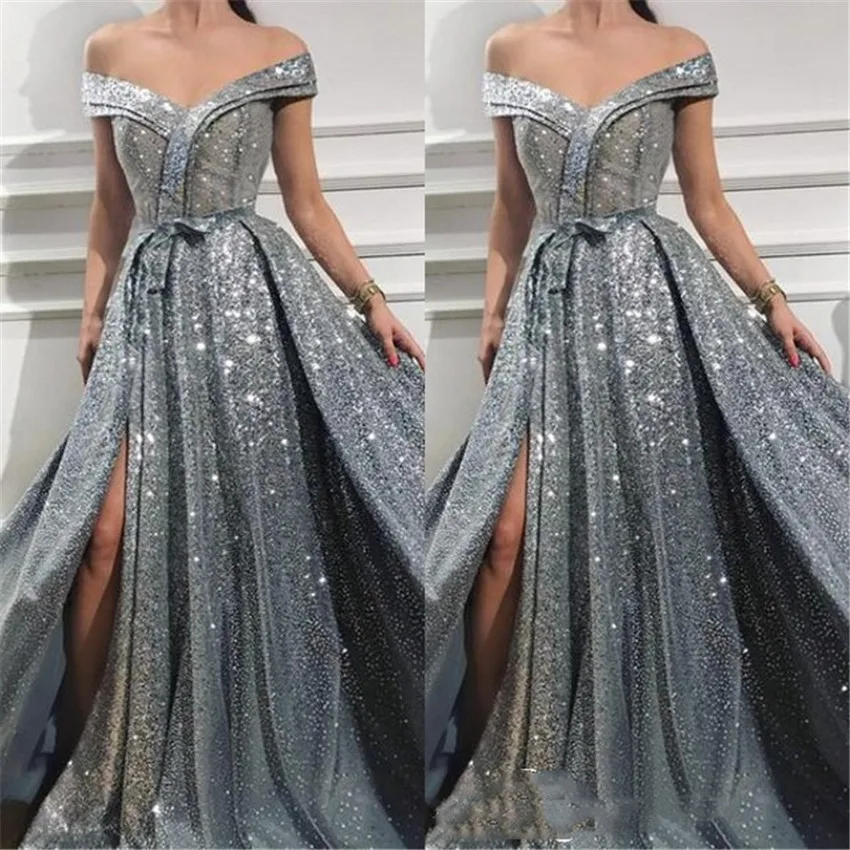 

Free Ship Sequined Evening Dresses Offer The Shoulder Sashes Dercation High Side Split Floor Length Custom Made Party Bridal