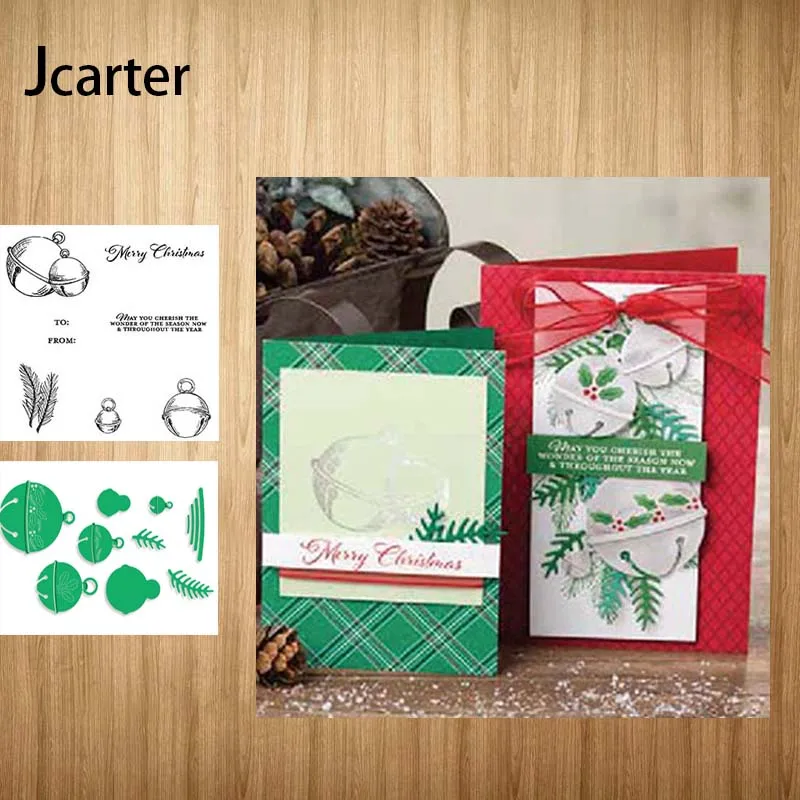 

Merry Christmas Leaves Bell Leaves Metal Cutting Dies and Rubber Clear Stamps Stencil Craft Scrapbooking Embossing Make Template