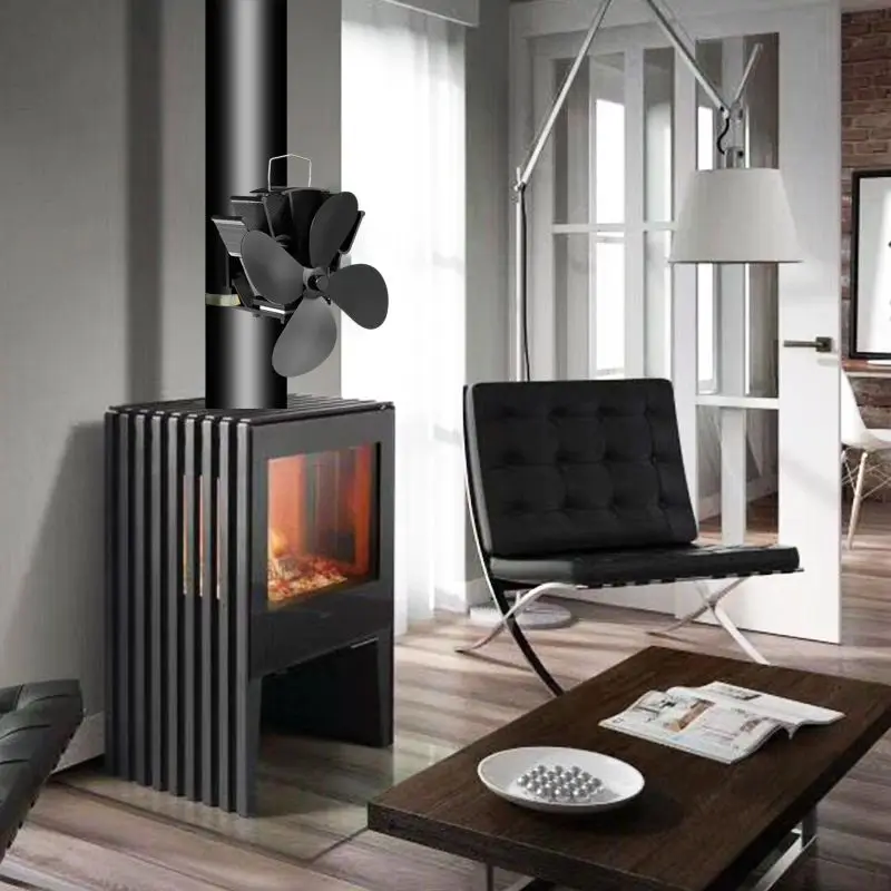 4 лопастной вентилятор для печи, работающий от тепловой энергии бревна деревянная горелка Ecofan тихий черный Домашний Вентилятор для камина эффективное распределение тепла