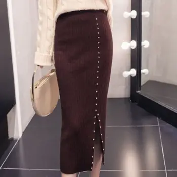 

Women High Waist Fashion Split Skirts Autumn Winter Thickening Bag Hip Skirts
