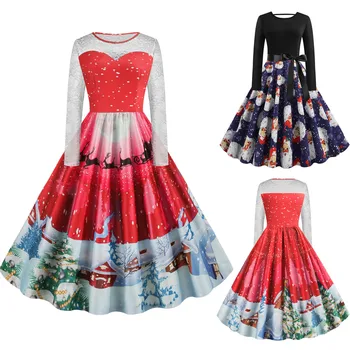 

Women dresses autumn 2019 Womens Vintage Christmas Santa Claus Ladies Long Sleeves Dress Xmas Dress#45