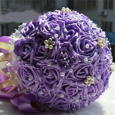 purple Искусственный жемчуг розы Букет невесты свадебная одежда подружки невесты моделирование держа цветы для украшения свадебной вечеринки - Цвет: purple