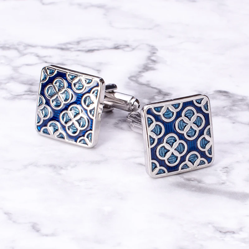 New Luxury Square Enamel Cufflinks Blue Flower Design Cuff Button Lucky Four-Leaf Clover Jewelry For Mens Wedding Business Gift