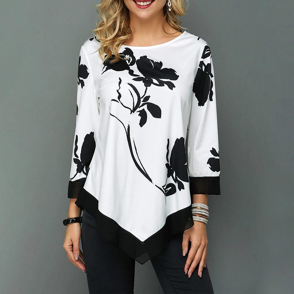 

Asymmetrical Hem Flower Print Women Shirt Autumn Nine Quarter Sleeve O Neck Blouse Ladies Black And White Floral Print Shirt D35
