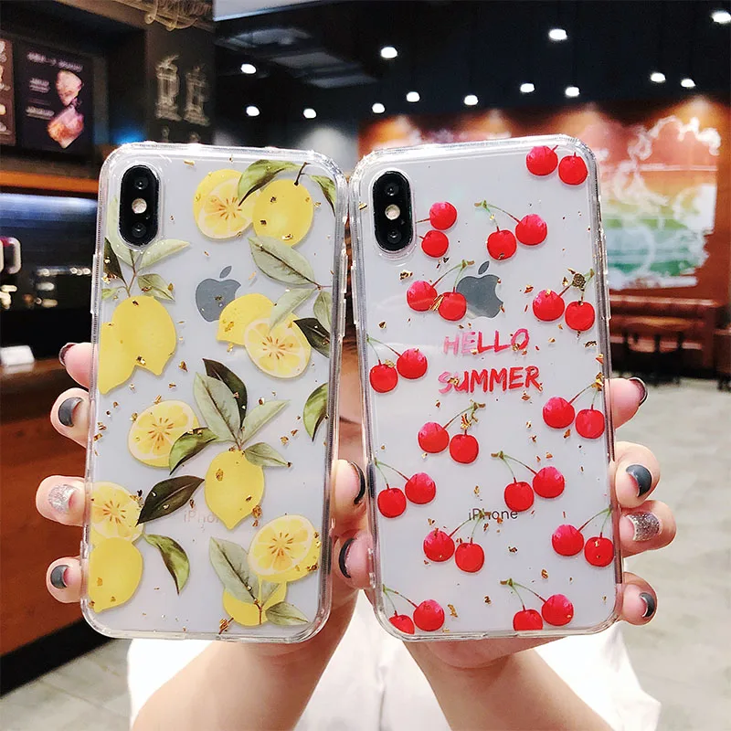 Clear Fruit Cherry Lemon Soft TPU Phone Cases for iPhone 6 6s 7 8 Plus 10 X XS MAX XR Silione Rubber Golden Foil Cover Shell | Мобильные
