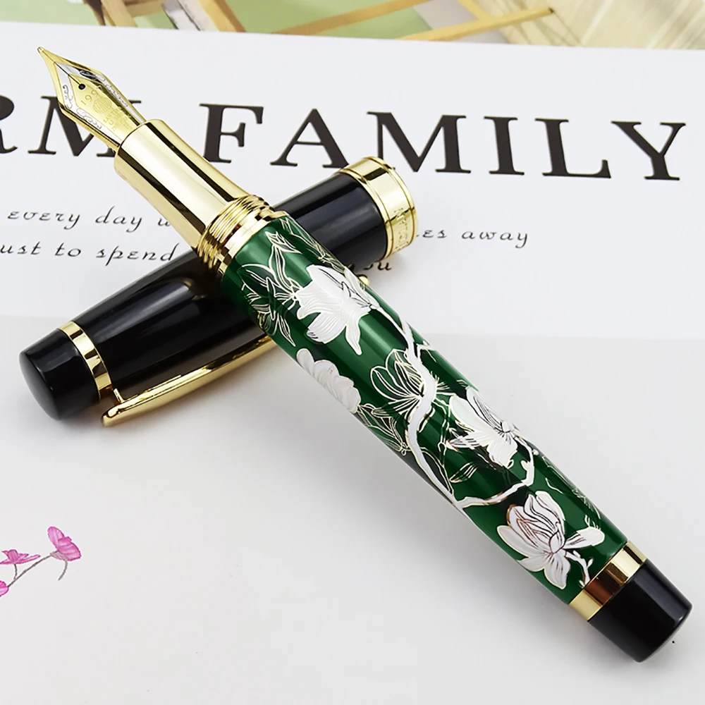 

HongDian Metal Fountain Pen Hand-Drawing Green Flowers Iridium EF/F/Bent Nib Ink Pen Excellent Writing Gift Pen for Business