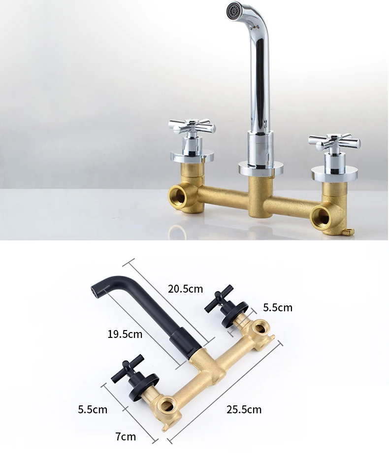 Хромированный кран для раковины матовый черный латунный двойной ручкой настенный кран для раковины ванной комнаты кран для горячей и холодной раковины кран Черный кран