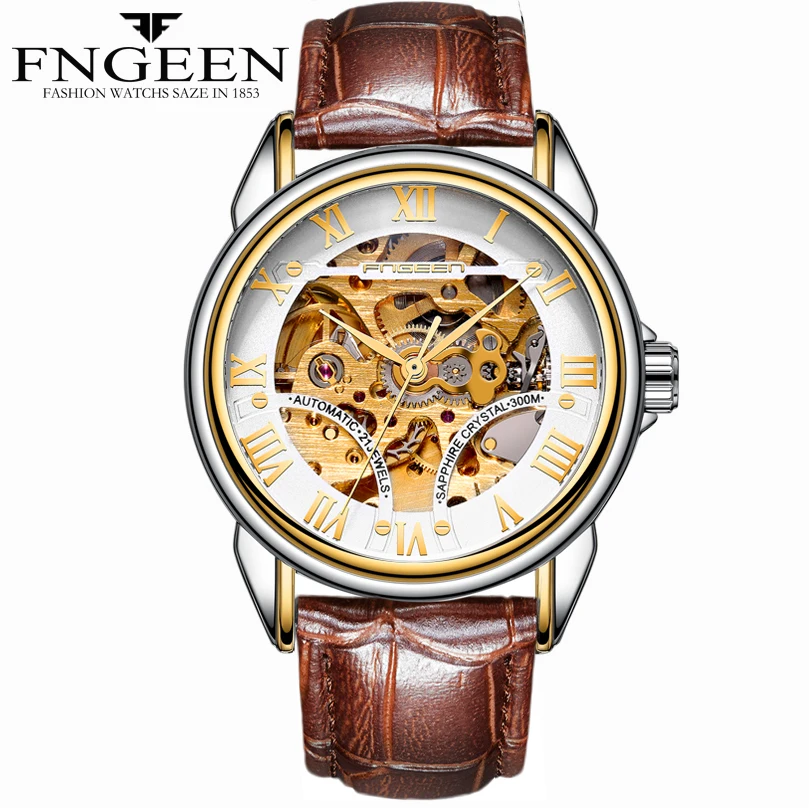 

FNGEEN Men Watch Skeleton Automatic Mechanical Wristwatch Luxury Business Leather Blue Gold Waterproof Montre Homme