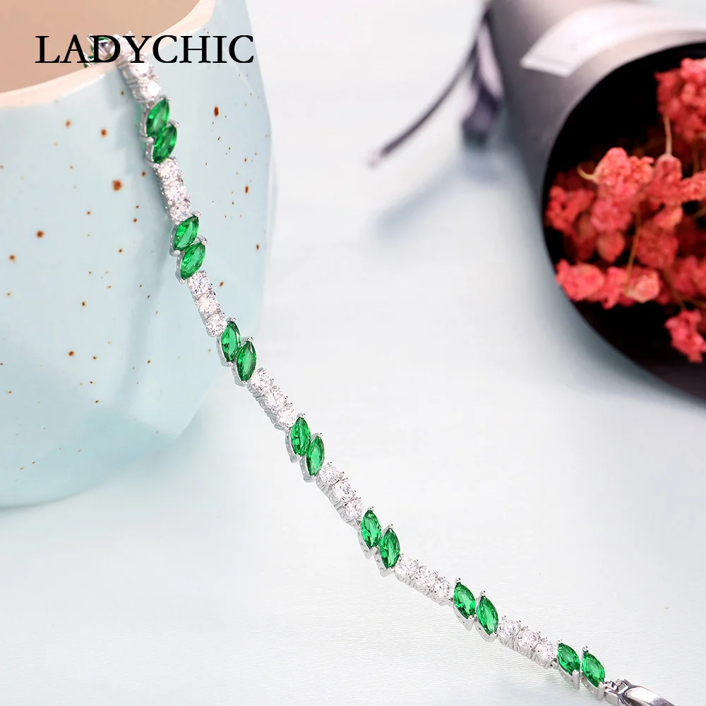 LADYCHIC Изысканный зеленый кристалл браслеты для женщин романтичный серебристый цвет браслет подарок на день рождения для подруги LB1007