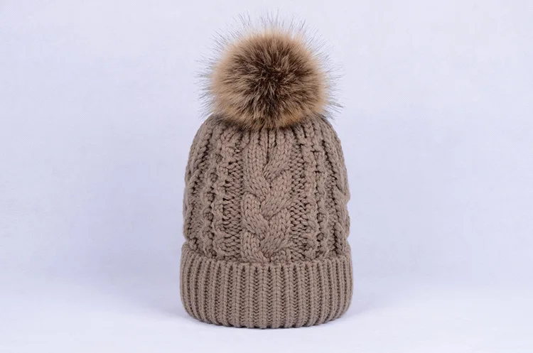 Женские зимние вязаные шапки бини с большим помпоном и помпонами, утепленные флисовые шапки Gorro - Цвет: coffee