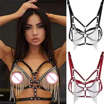 

Rivet Bras For Women Wireless Goth lingerie Leather Halter Neck Bra Bondage Cage Bra Soutien Gorge Sexy Erotique 30NOV29