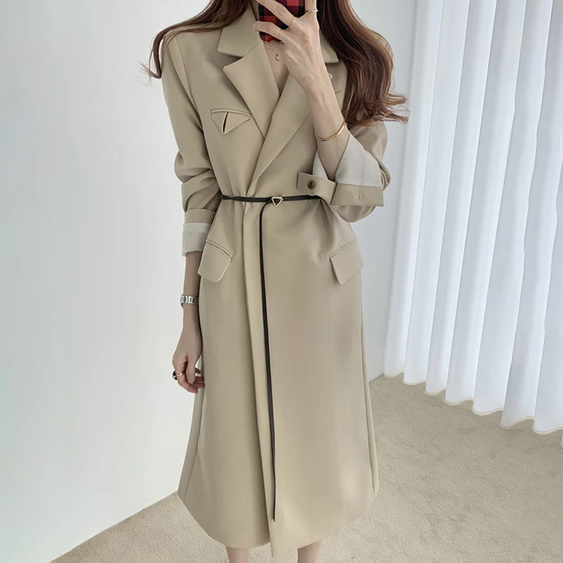 Women Trench Coat 2020 Autumn Korean Chic Belt Waist Loose Long Coat Notched Long Sleeve Windbreaker Trench Fashion Outwear