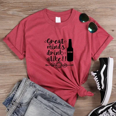ONSEME веселая Рождественская Футболка женская футболка с надписью «Great Minds Drink» летняя футболка с круглым вырезом и короткими рукавами розовая футболка Q-819 - Цвет: HeatherRed