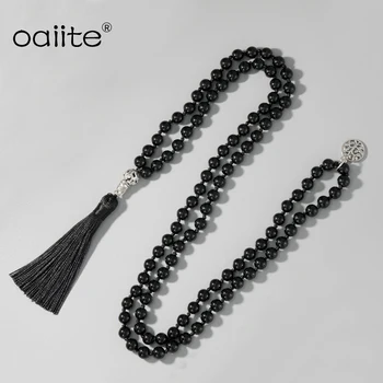 

108 Mala Beads Necklace Black Onyx 8MM Beads Meditation Necklace Japa Mala Beaded Tassel Necklace with Tree of Life Pendant