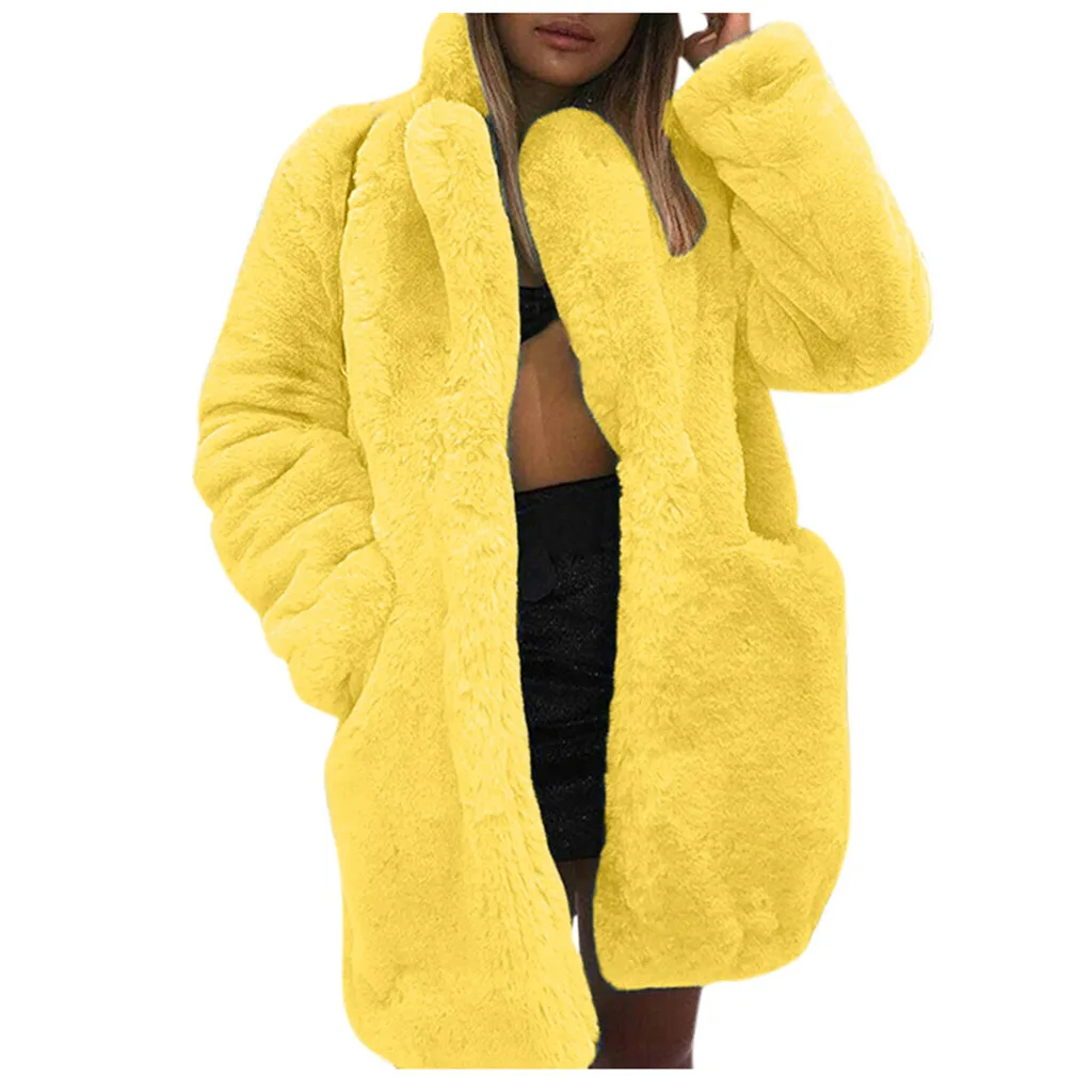 Winter Women Faux Fur Coat Solid Long Sleeve Jacket Cardigan Pock Overcoat Warm Outwear Yellow Pink Blue Wine Black Fur Coat