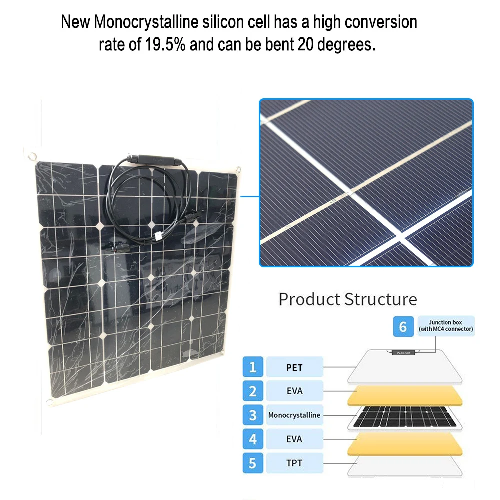 HannMall 18V 50W Flexible Solar Panel Solar Charger For 12V Car Battery Monocrystalline Cells For Hause,boat,roof with MC4 Cable