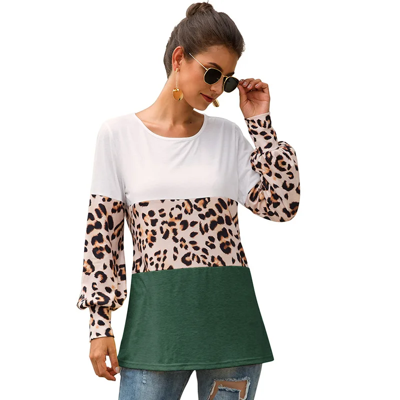 Новая женская футболка леопардовая Лоскутная с длинным рукавом-фонариком Женская Осенняя Повседневная футболка - Цвет: Зеленый