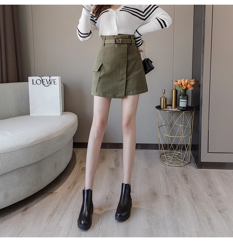 Trytree Autumn Women Casual Empire Short Skirt 5 Colour A-line Fashion Elegant Pockets Button Belt Mini Office Lady Short Skirt