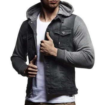 

3XL Denim Jacket Knitted Hooded Design Men's Casual Oversize Patchwork Button Pocket Autumn Long Sleeve Fashion Men Outwear