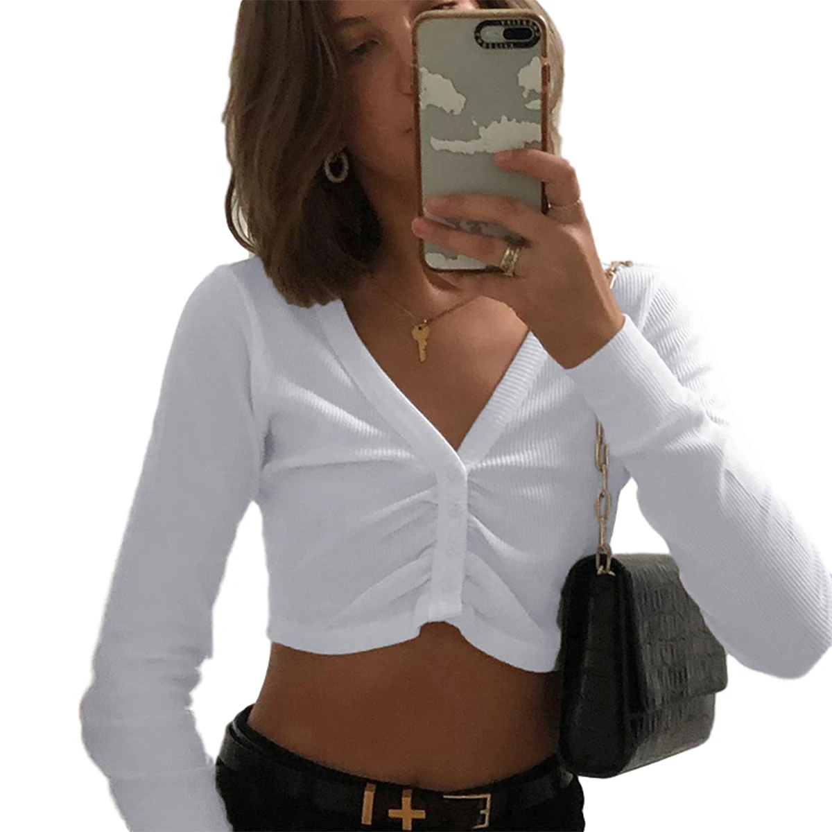 

Women Button V Neck Crop T-Shirts, Long Sleeve Solid Color Cute Knitwear Slim Tops