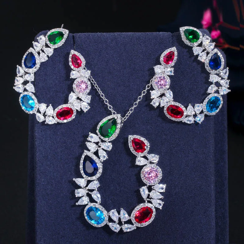 multicolor CWWZircons уникальный дизайн многоцветный CZ Женские Ювелирные наборы Большой кубический цирконий кристалл цветок серьги и ожерелье набор T383 - Окраска металла: multicolor