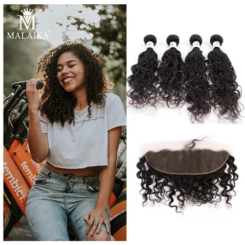 

MALAIKA 4 pieces Peruvian Jerry Curly Hair Bundles With Frontal Nature Color Curly Human Hair Bundles With Closure