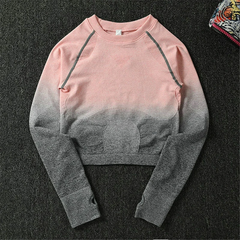 Ombre бесшовный комплект, женский спортивный костюм, одежда для тренажерного зала, тренировочная одежда с длинным рукавом, укороченный топ для фитнеса и резинка для волос, леггинсы, комплект для йоги, топ и штаны - Цвет: Peach And Gray Top