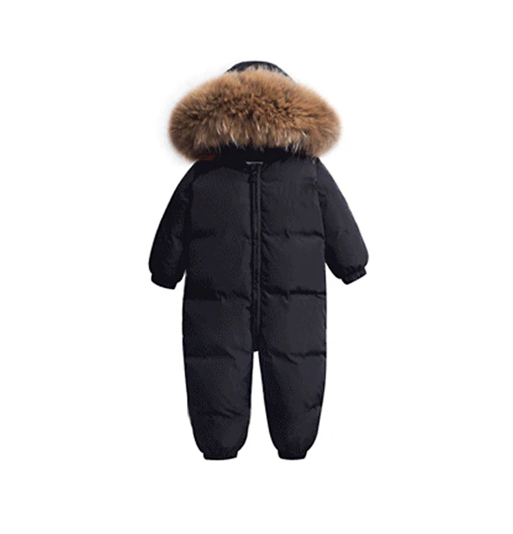 Winter Overalls For Baby Rompers Jumpsuit Children Duck Down Overalls Snowsuit Toddler Kids Boys Girls Fur Hooded Romper Costume - Color: black