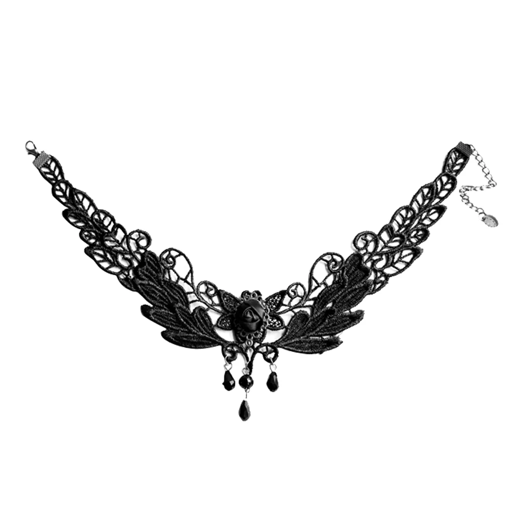 Wedding Party Beads Rhinestone Tassels Chain Pendant Gothic Necklace for Women Vintage Punk Black Lace Choker 