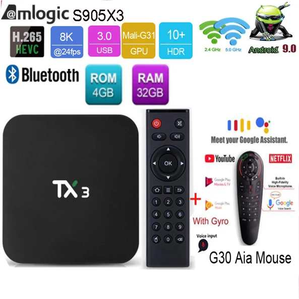 Tanix TX3 Android 9,0 ТВ приставка Amlogic S905X3 H.265 8K Netflix HDR 2,4G/5 GHz двойной Wifi BT 4,2 смарт-боксы медиаплеер набор - Цвет: 4G 32G G30