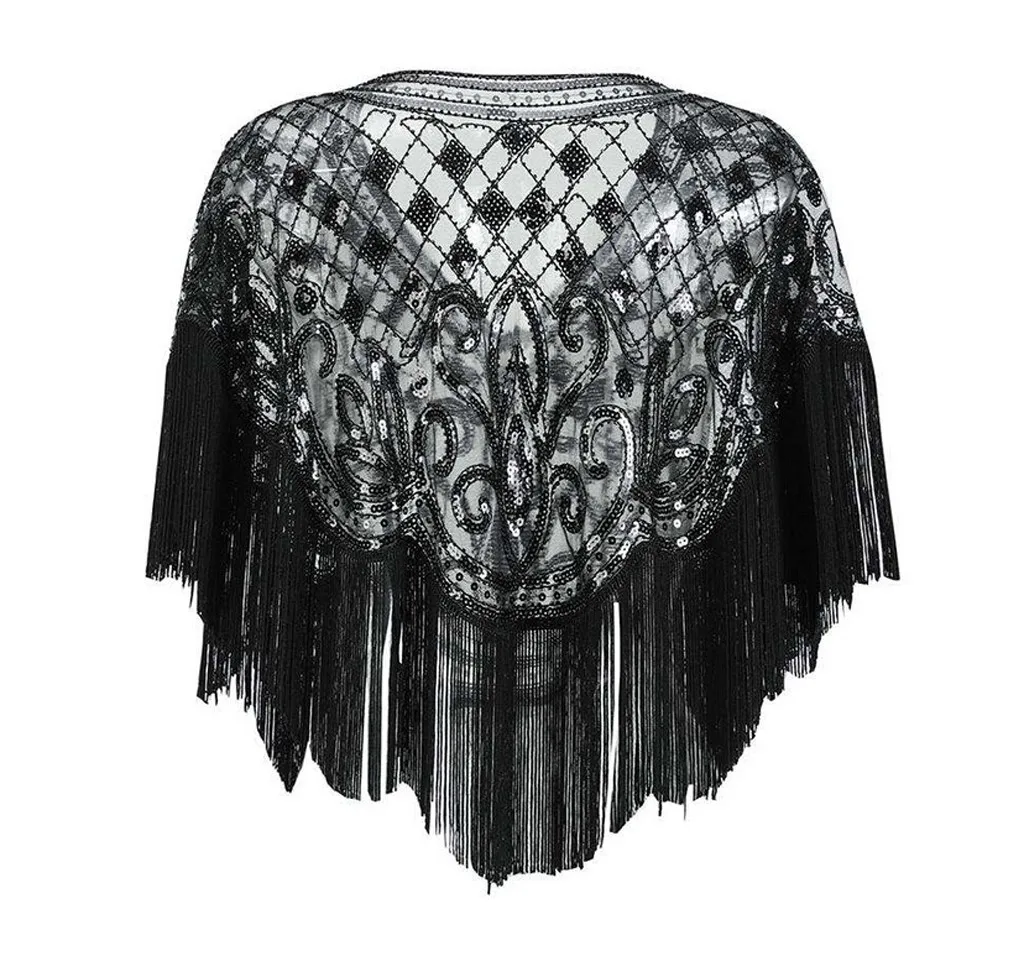 Женская шаль 1920 упаковка Арт Деко блестки кисточка вечернее Болеро вставки покрытие банкет вечернее платье женское Блестки#15 - Цвет: Черный