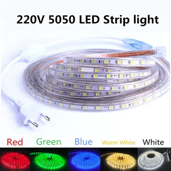 

5050 Flexible Tape LED Strip light 220V Outdoor lights Waterproof 60leds/m LED Light With EU US Power Plug room decoration lamp
