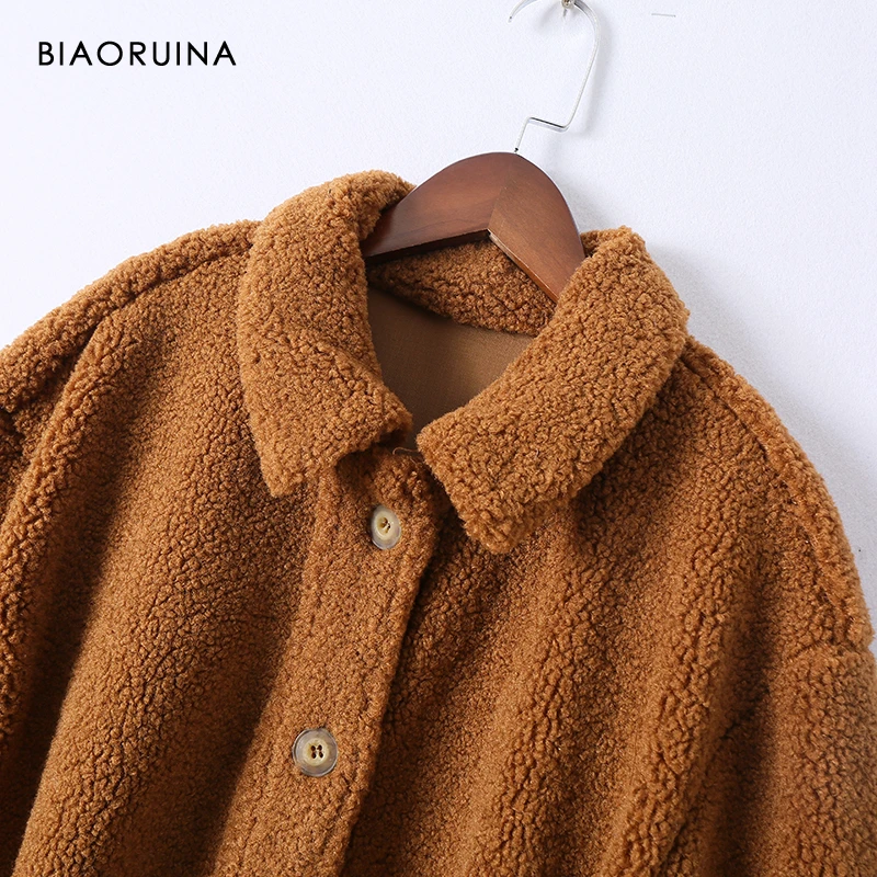 BIAORUINA, 4 цвета, женское одноцветное однобортное пальто из овечьей шерсти с поясом, женская теплая свободная Удобная верхняя одежда из искусственного меха