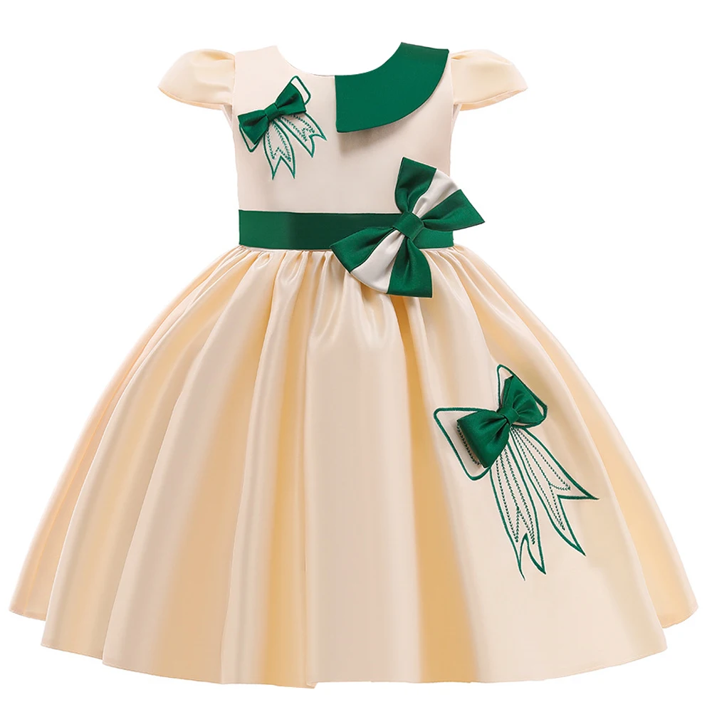 

2021 Children Dress Girls Princess Dresses Bow Flying Sleeve Satin Dress Birthday Party Skirts Baby Kids Clothes Summer Costume