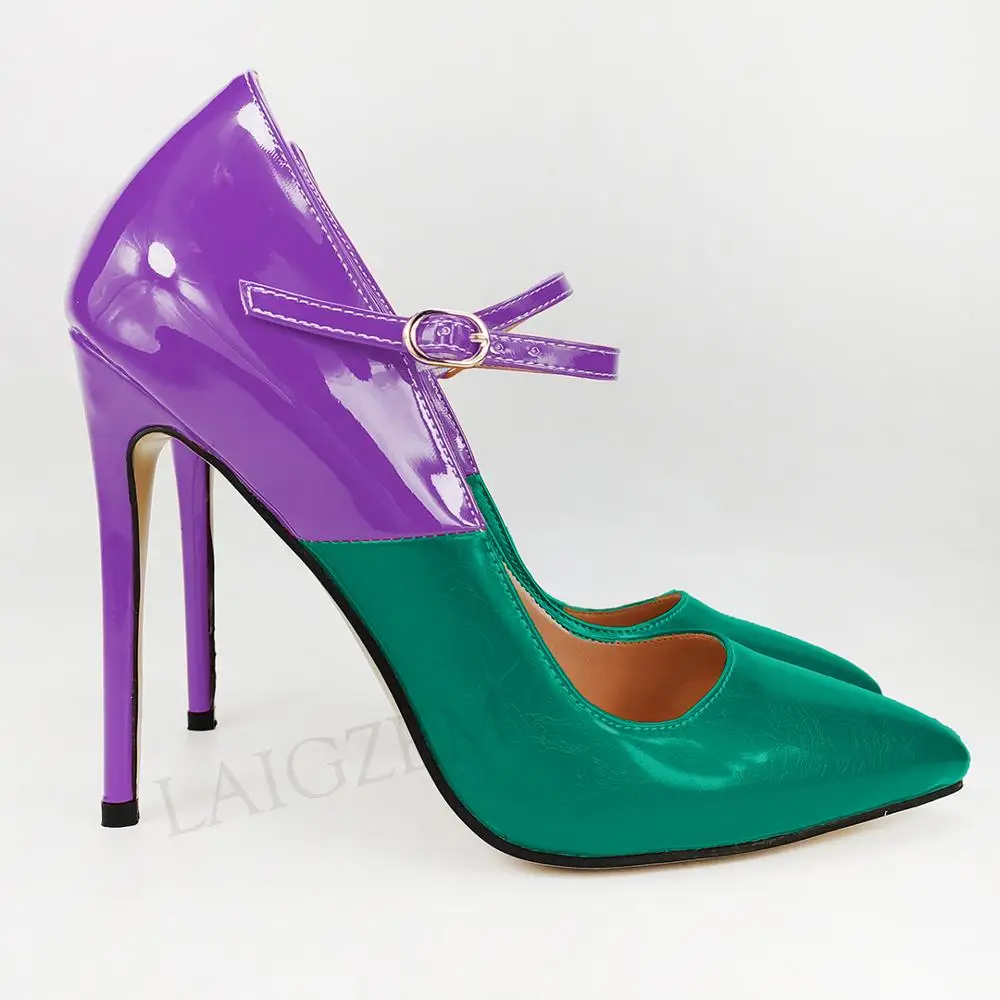 LAIGZEM/; женские туфли-лодочки Mary Jane на каблуке-шпильке в стиле пэчворк; классические модельные туфли; Tacones Zapatos; большие размеры 38, 45, 47 - Цвет: Green-Purple