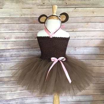 

Girls Coffee Mouse Tutu Dress Kids Crochet Dress with Pink Bow and Flower Hairbow Children Party Costume Animal Cartoon Dresses