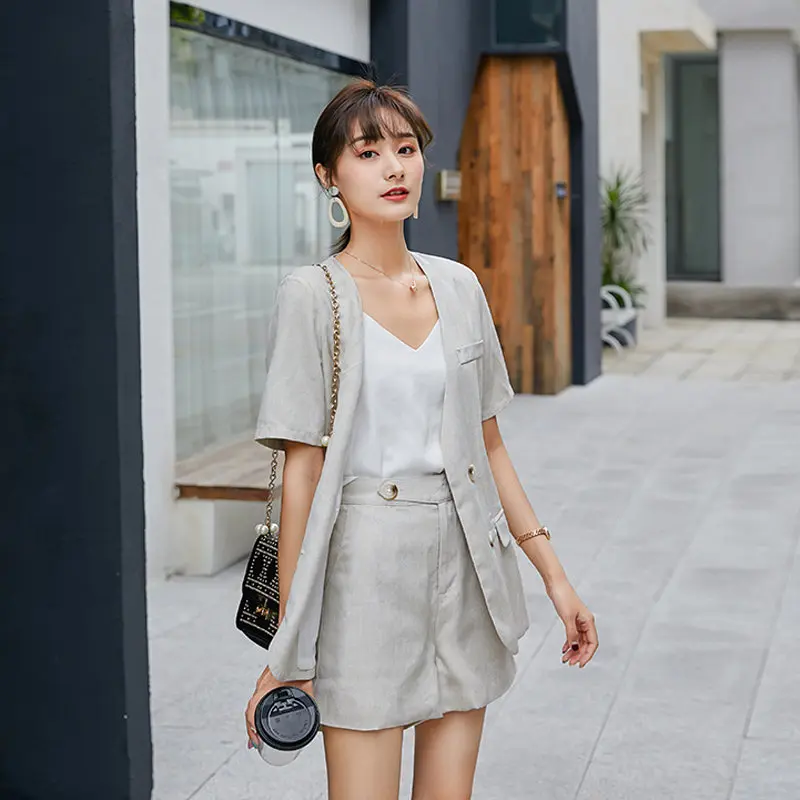 picture color YAMDI женские короткие костюмы для подиума Женские однотонные элегантные офисные женские летние хлопковые льняные однобортные Блейзер Куртка и шорты - Цвет: picture color