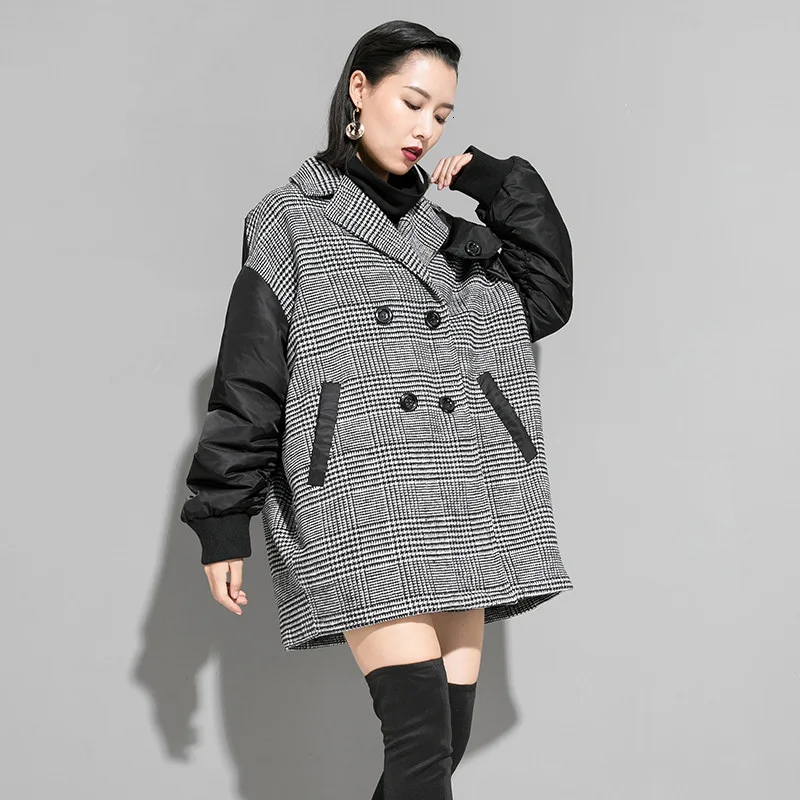 incredible  [EAM] Loose Fit Black Plaid Double Breasted Big Size Jacket New Lapel Long Sleeve Women Coat Fashio