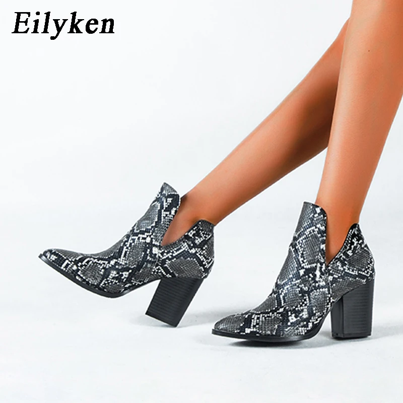 EilyKen/ковбойские ботинки в байкерском стиле; Женские ботинки в ковбойском стиле из искусственной кожи на высоком каблуке с животным змеиным узором; ковбойские ботинки без застежки; ботильоны